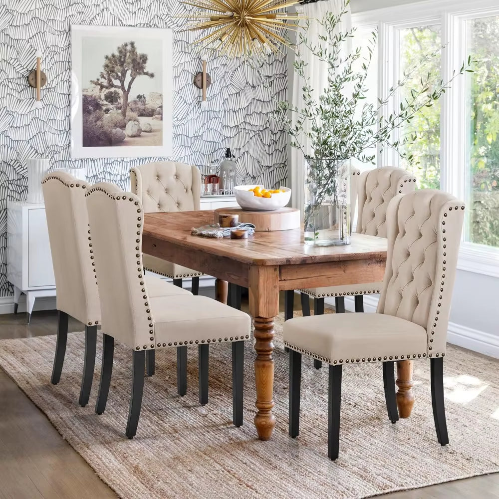 Upholstered Dining Chairs Set of 4 Button Tufted Kitchen Chairs with Solid Wood Legs and Nailhead Trims for Dining Room