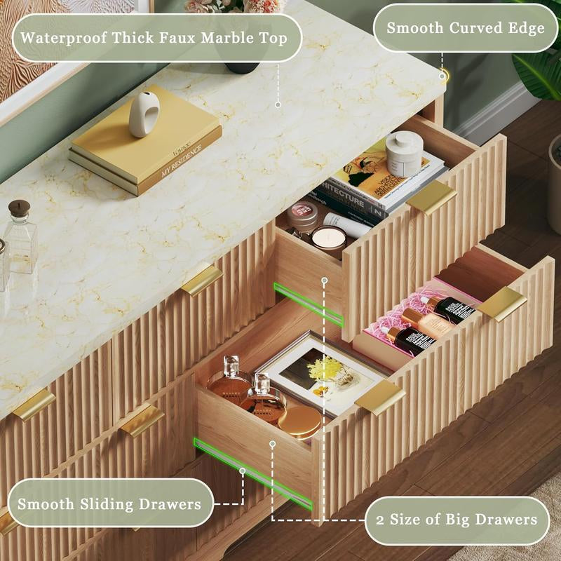 Fluted Bedroom Dresser with a Faux Marble Top