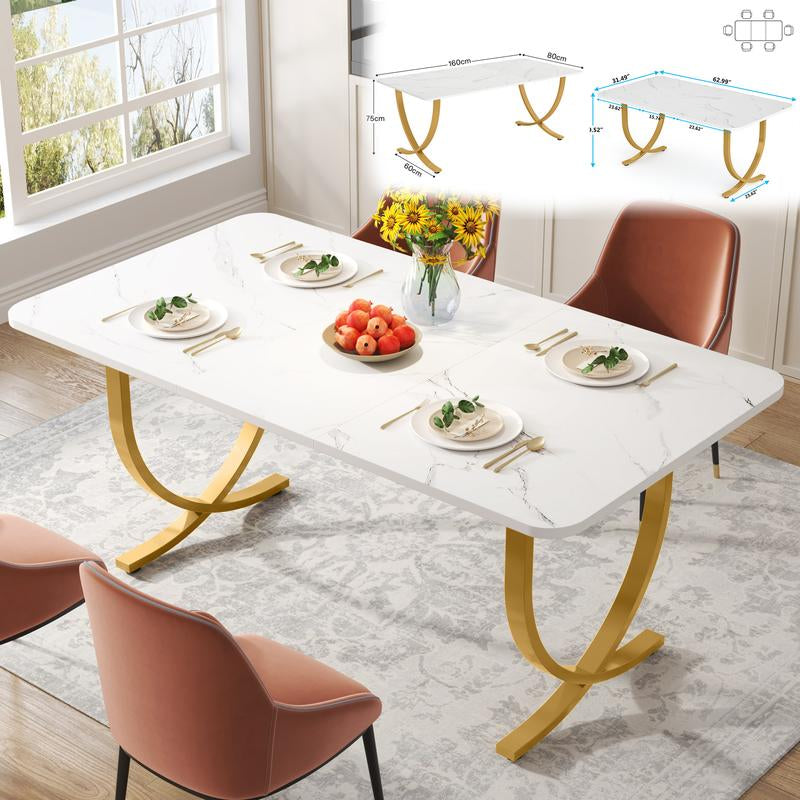 63-Inch Rectangular Dining Table for 4 to 6, Modern Kitchen Table with Faux Marble Table Top, White Dinner Tables