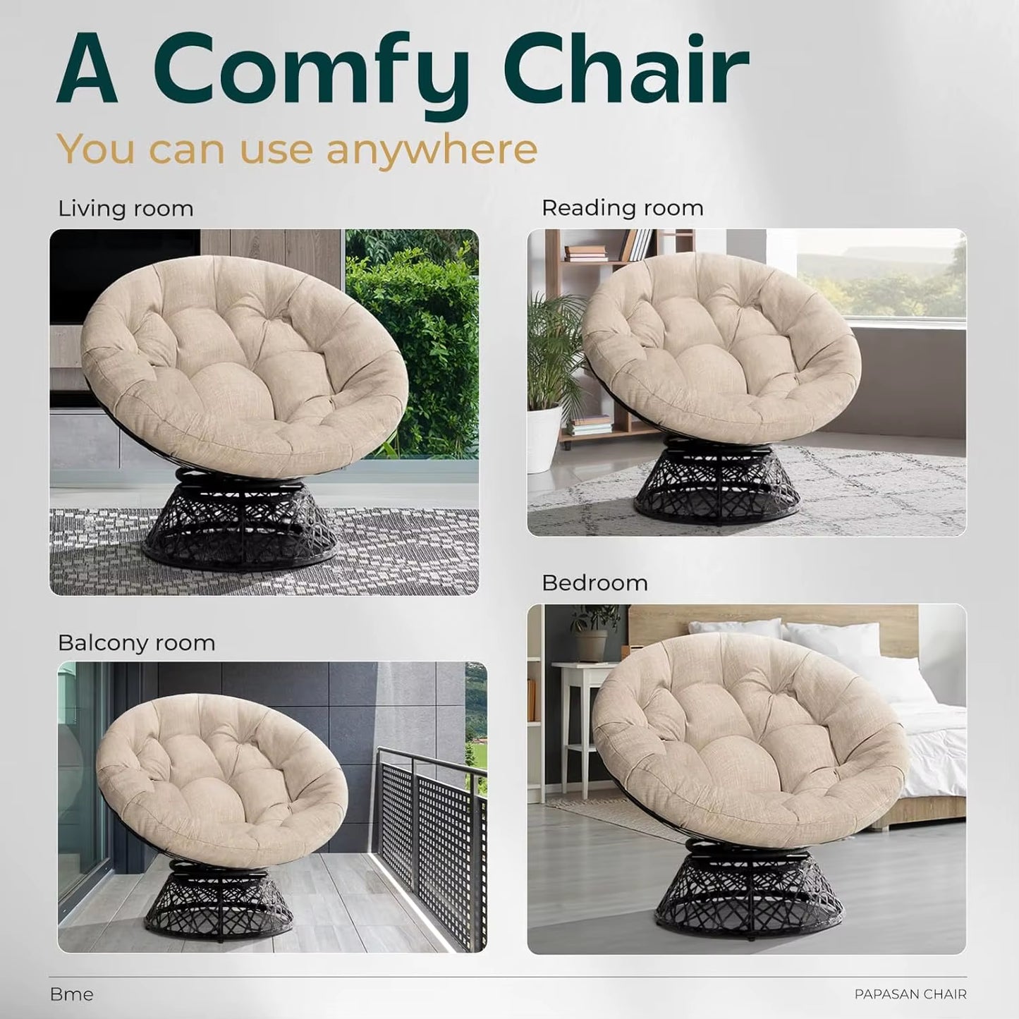 40" Ergonomic Wicker Papasan Chair with Soft Thick Density Fabric Cushion,High Capacity Steel Frame,360 Degree Swivel for Living