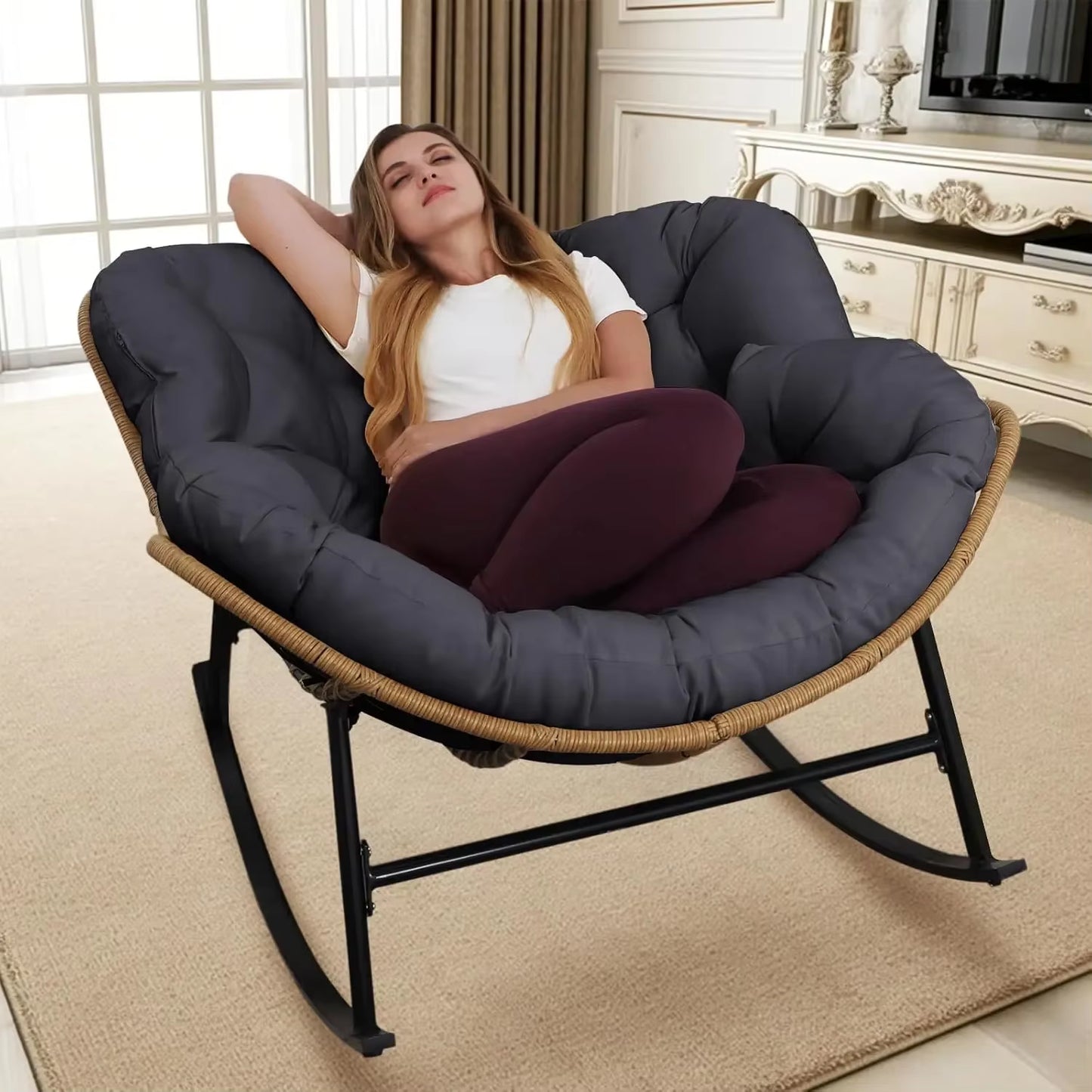 Outdoor Rocking Chair with Cushions and Frame, Oversized Patio Lounge Chair, Rattan Comfortable Egg-Shaped Lounge Chair, Brown