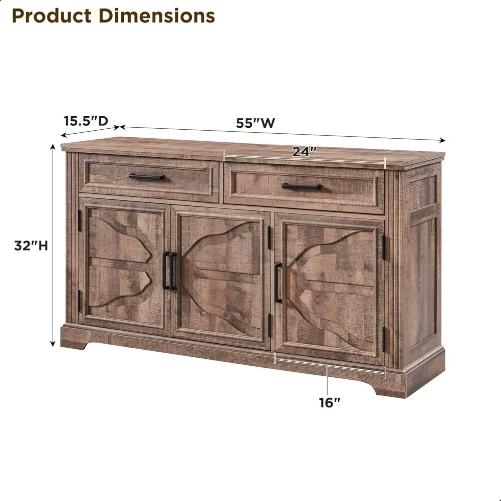 Large 55 Buffet Sideboard with 3 Doors and 2 Drawers - Storage Cabinet for Dining, Coffee, and Wine Bars