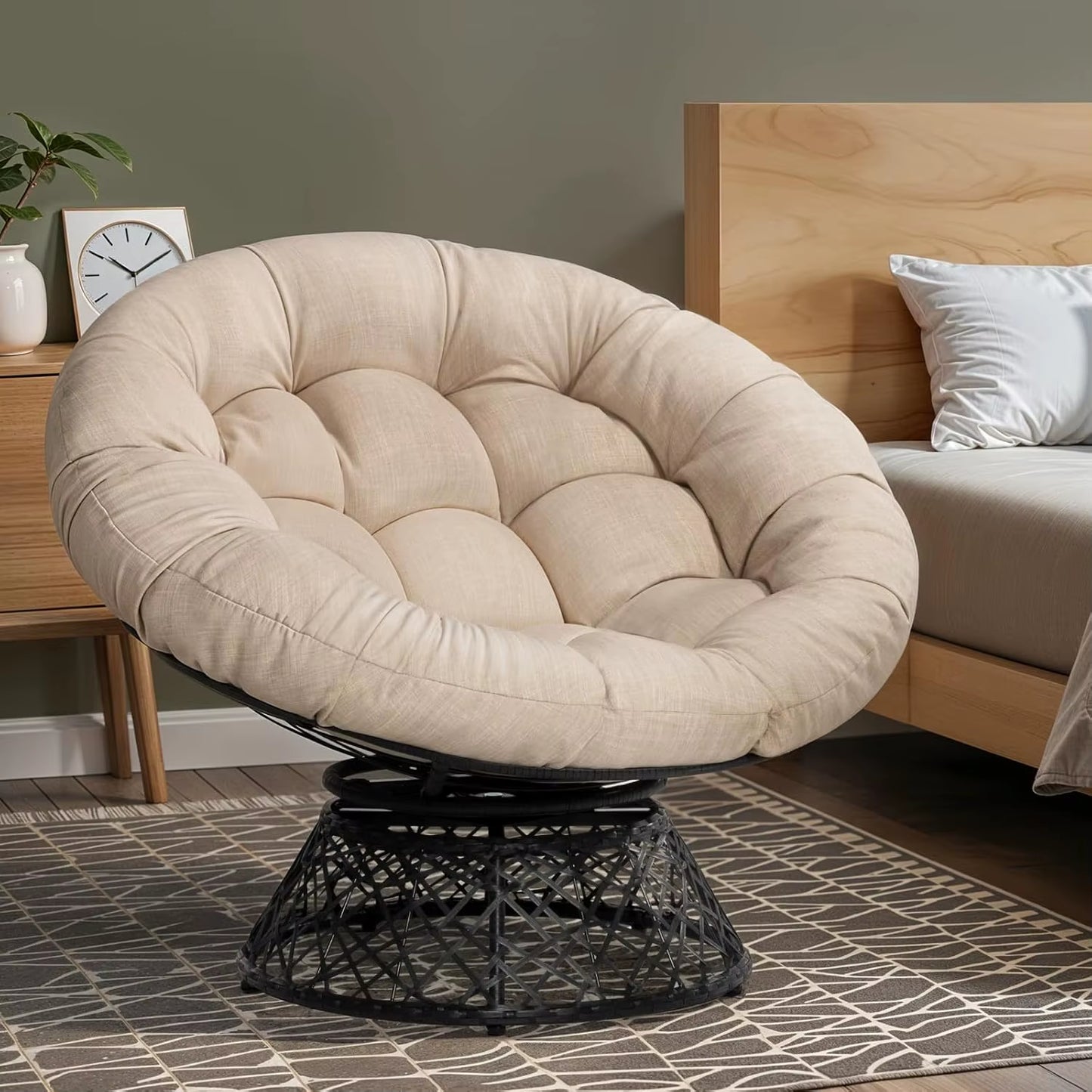 40" Ergonomic Wicker Papasan Chair with Soft Thick Density Fabric Cushion,High Capacity Steel Frame,360 Degree Swivel for Living