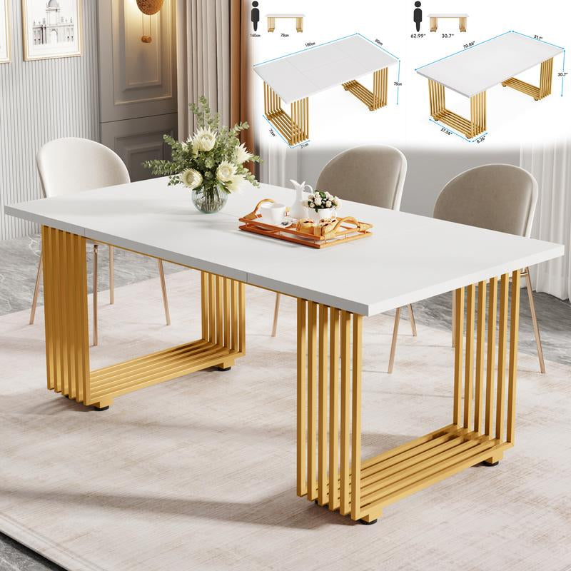 63-Inch Rectangular Dining Table for 4 to 6, Modern Kitchen Table with Faux Marble Table Top, White Dinner Tables