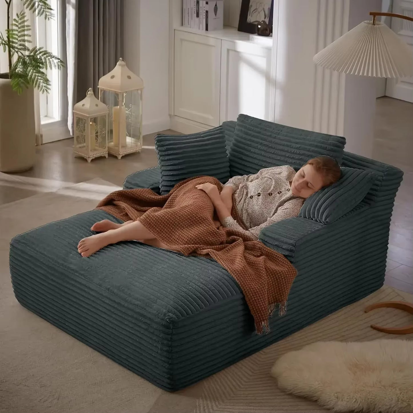 Modern Plush Corduroy 49.2" Full Foam Oversized Chaise Lounge Chair Cozy Cloud Couch Sleeper Sofa Daybed for Extra Comfort