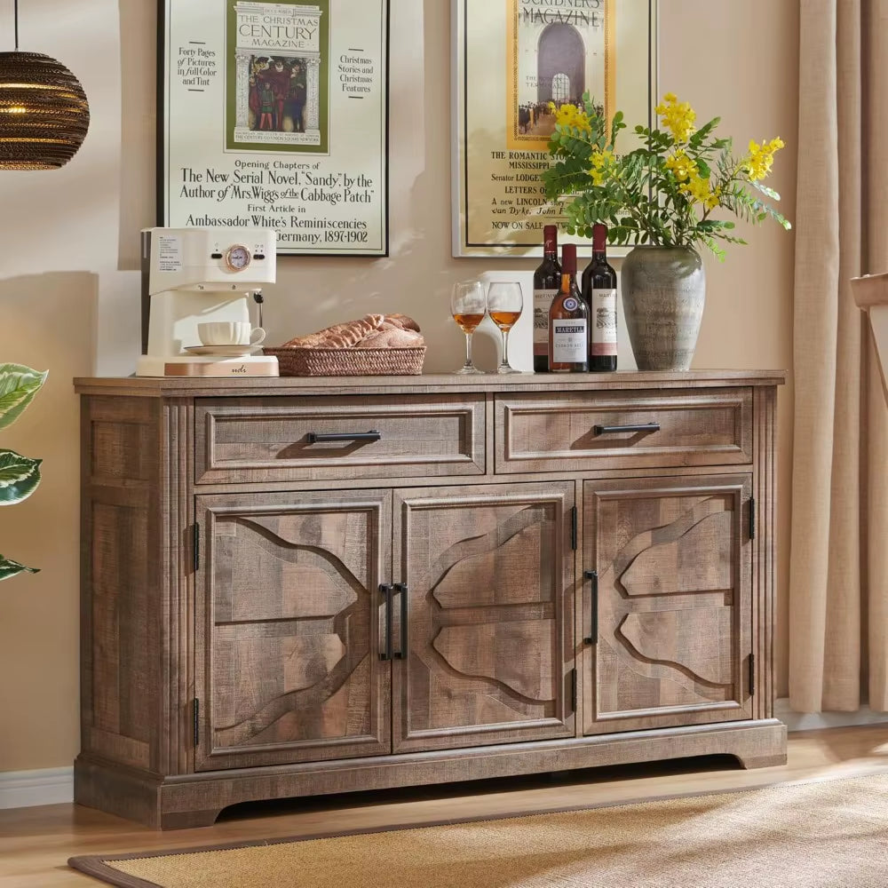 Large 55 Buffet Sideboard with 3 Doors and 2 Drawers - Storage Cabinet for Dining, Coffee, and Wine Bars