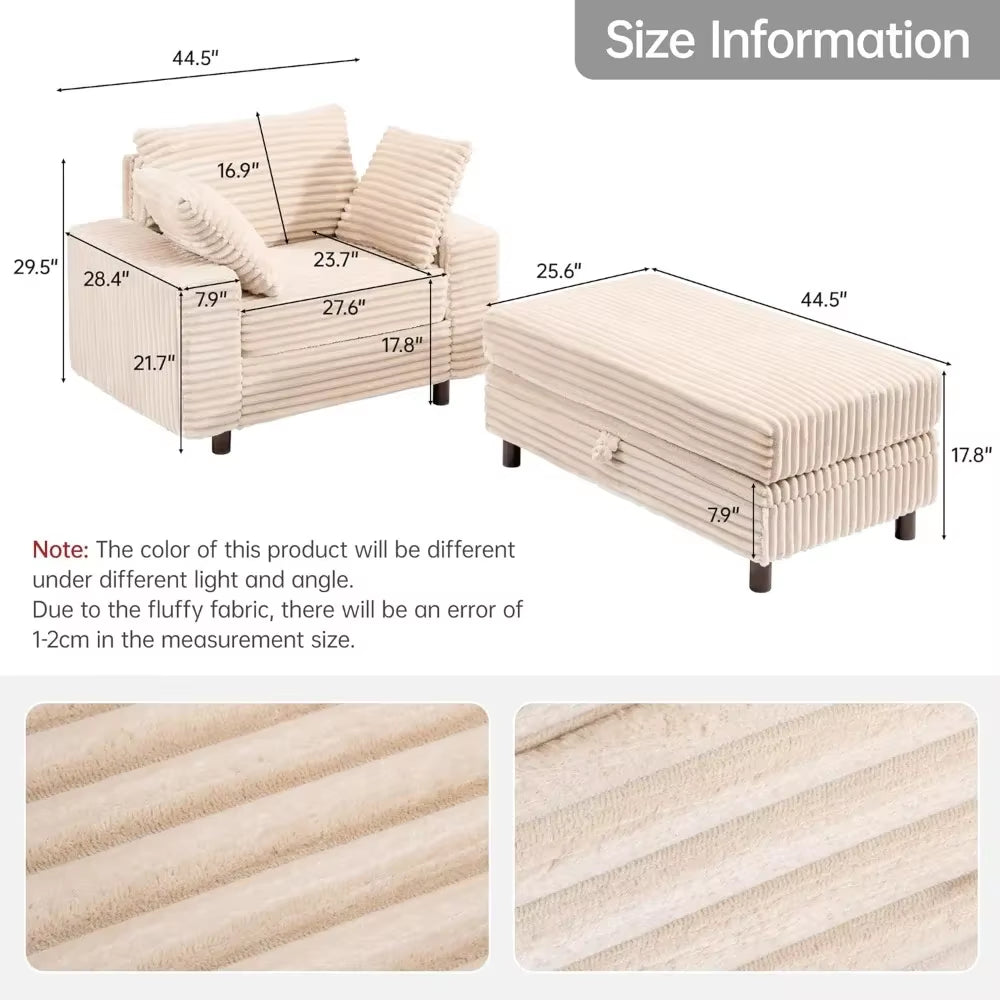 54" Oversized Chaise Lounge Chair Indoor Comfortable Sofa Bed with Storage Ottoman Upholstered Reading Chair Cloud Couch
