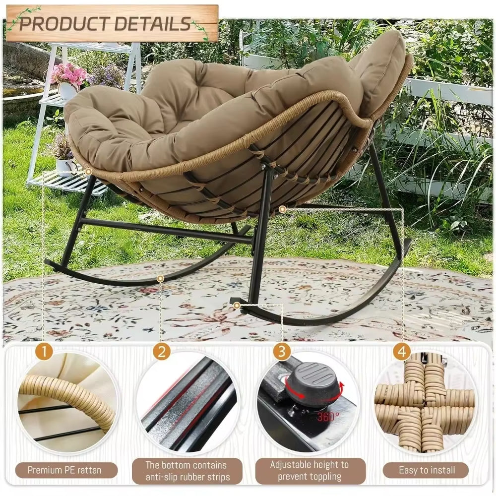 Outdoor Rocking Chair with Cushions and Frame, Oversized Patio Lounge Chair, Rattan Comfortable Egg-Shaped Lounge Chair, Brown