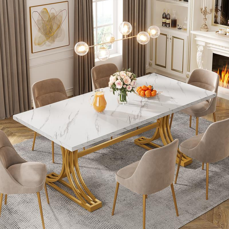 63-Inch Rectangular Dining Table for 4 to 6, Modern Kitchen Table with Faux Marble Table Top, White Dinner Tables