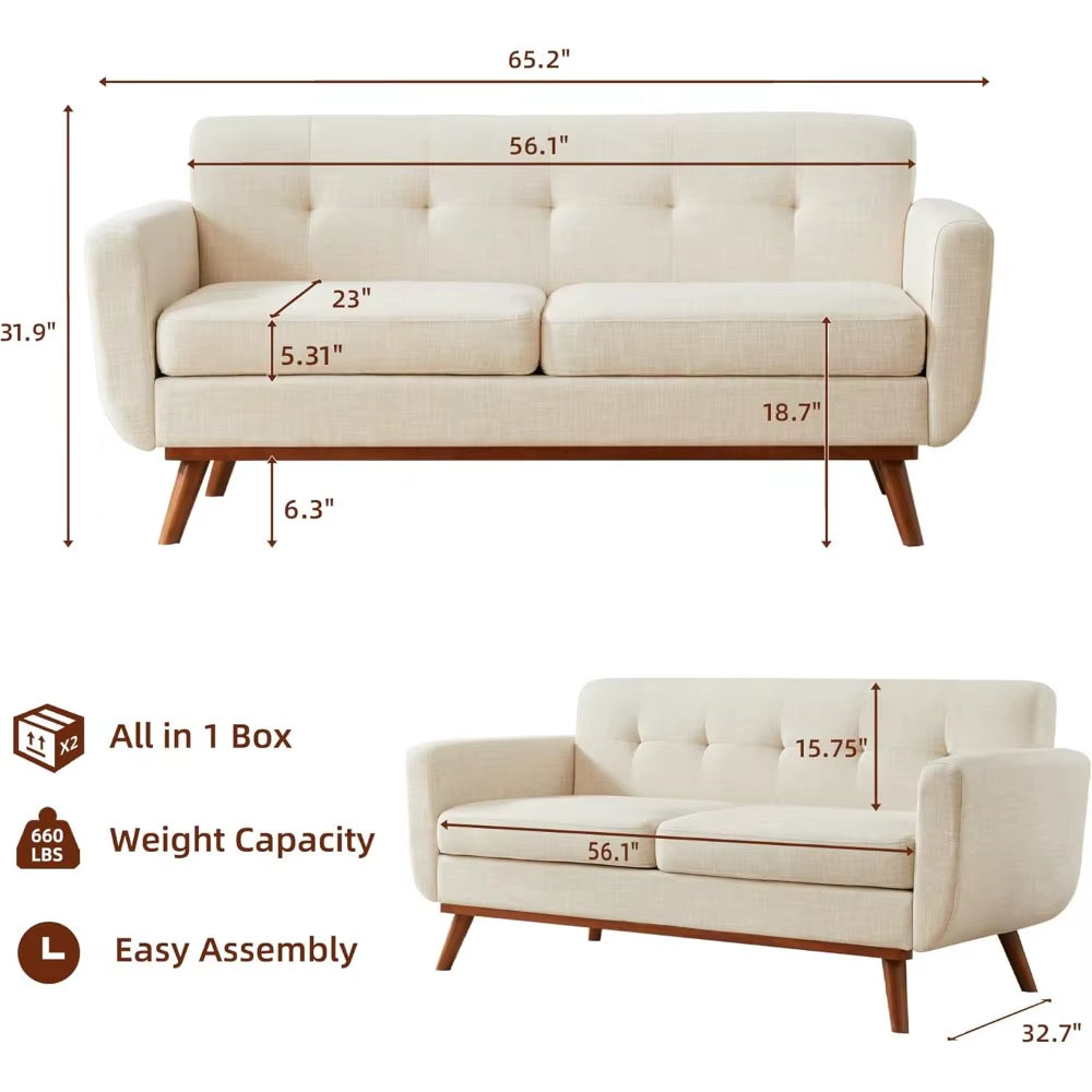 65.2" W Loveseat Sofa, Mid Century Modern Decor Love Seat Couches for Living Room, Button Tufted Upholstered Furniture, Solid &
