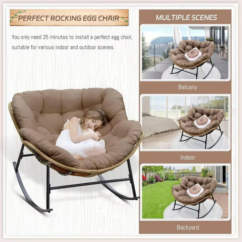 Outdoor Rocking Chair with Cushions and Frame, Oversized Patio Lounge Chair, Rattan Comfortable Egg-Shaped Lounge Chair, Brown