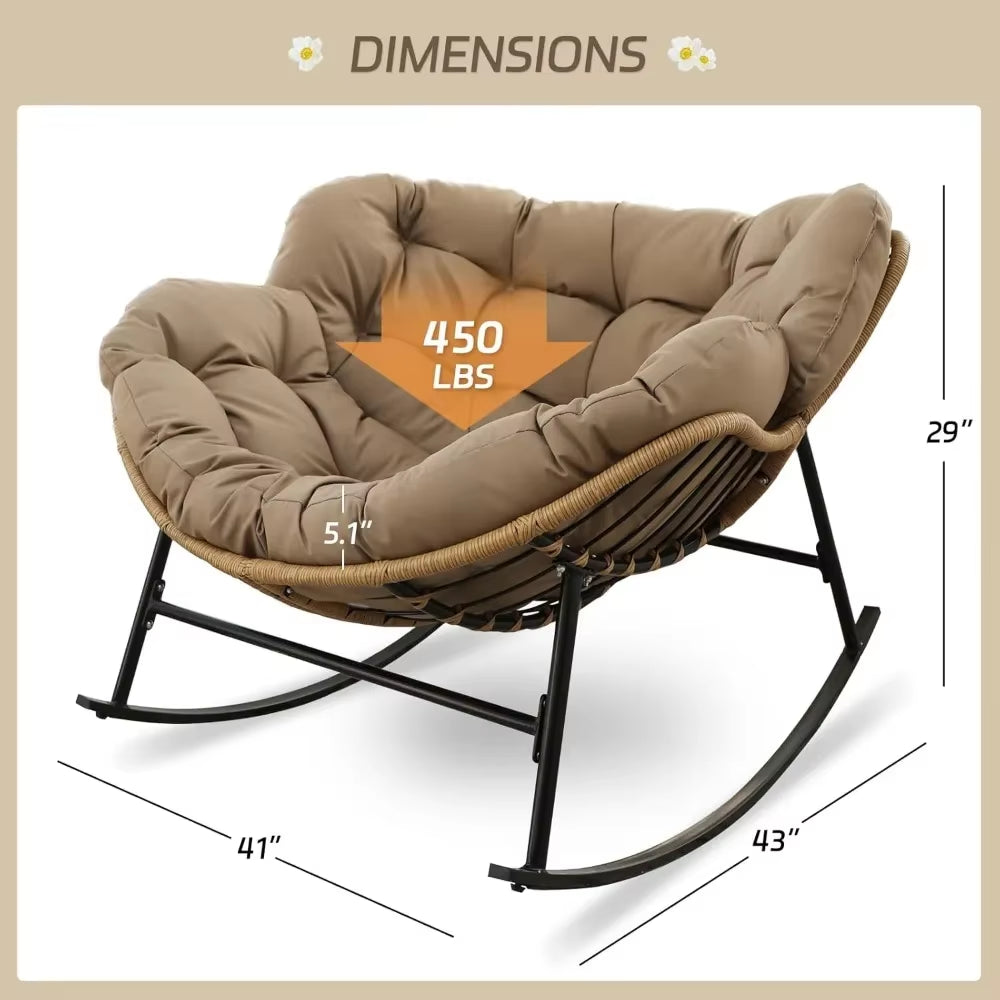 Outdoor Rocking Chair with Cushions and Frame, Oversized Patio Lounge Chair, Rattan Comfortable Egg-Shaped Lounge Chair, Brown