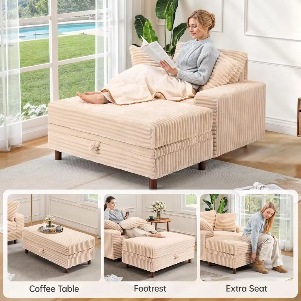 54" Oversized Chaise Lounge Chair Indoor Comfortable Sofa Bed with Storage Ottoman Upholstered Reading Chair Cloud Couch