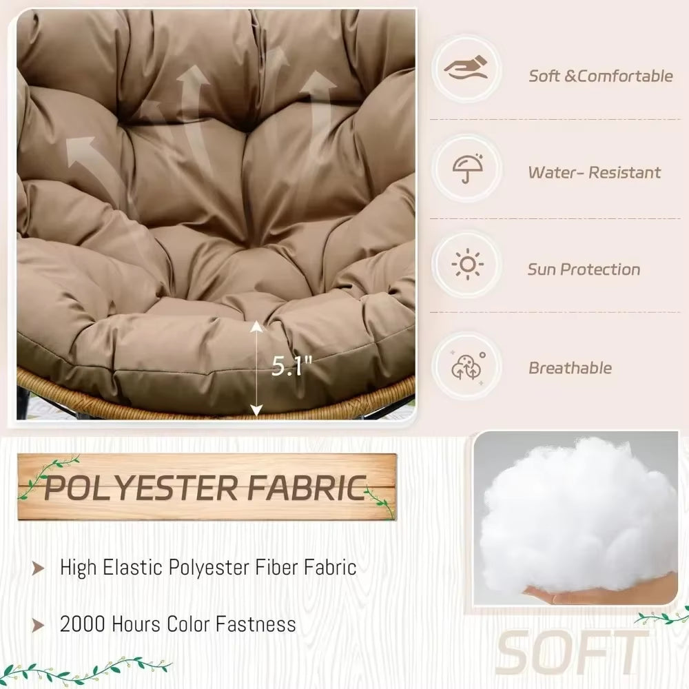 Outdoor Rocking Chair with Cushions and Frame, Oversized Patio Lounge Chair, Rattan Comfortable Egg-Shaped Lounge Chair, Brown