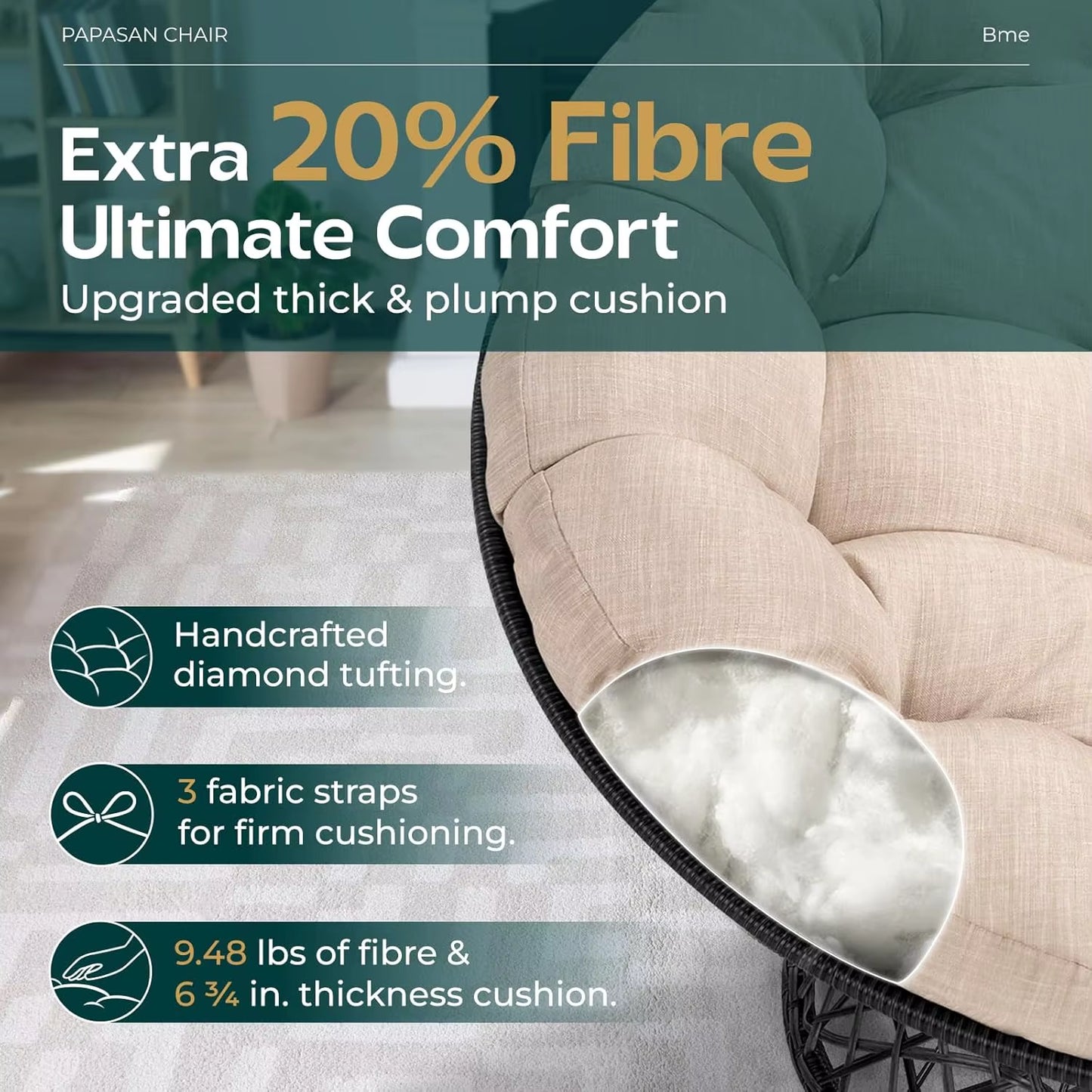 40" Ergonomic Wicker Papasan Chair with Soft Thick Density Fabric Cushion,High Capacity Steel Frame,360 Degree Swivel for Living