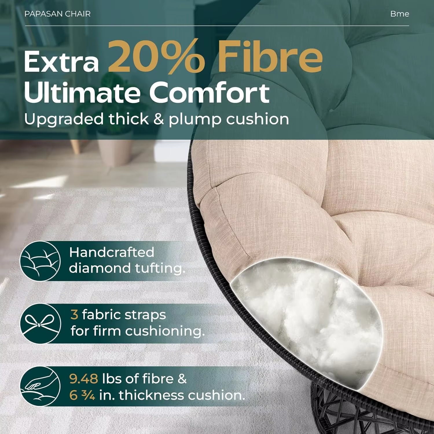 40" Ergonomic Wicker Papasan Chair with Soft Thick Density Fabric Cushion,High Capacity Steel Frame,360 Degree Swivel for Living