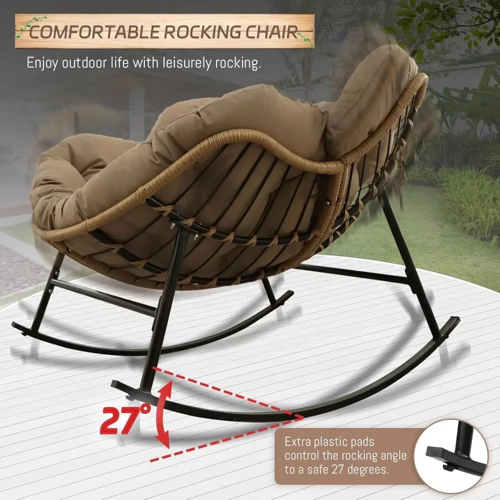 Outdoor Rocking Chair with Cushions and Frame, Oversized Patio Lounge Chair, Rattan Comfortable Egg-Shaped Lounge Chair, Brown