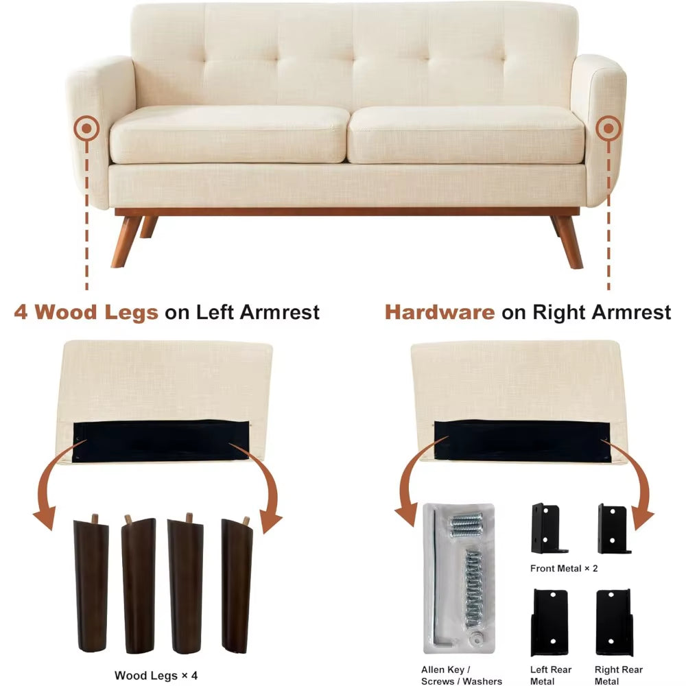 65.2" W Loveseat Sofa, Mid Century Modern Decor Love Seat Couches for Living Room, Button Tufted Upholstered Furniture, Solid &